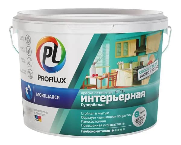 Краска для стен и потолков для влажных помещений латексная Profilux PL-13L глубокоматовая супербелая база 1 1,4 кг