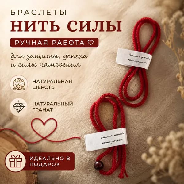 Оберег для защиты и усиления волевых качеств, красная шерстяная нить и натуральный камень гранат Индия 6мм