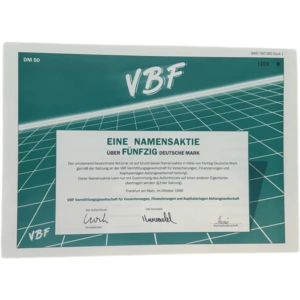 Ценная бумага Германия. Брокерская компания VBF 50 марок 1990 год. №6