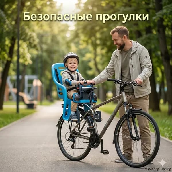 Детское велокресло на задний багажник с пятиточечным ремнем безопасности, поручнем и защитой ног.