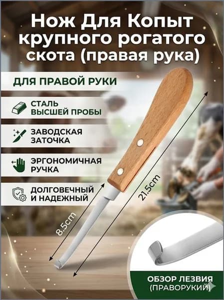 Копытный нож с петлей (правая рука), правосторонний ветеринарный инструмент. Деревянная рукоятка 21.5 см, стальное лезвие для точной расчистки копыт лошадей, коров и овец.