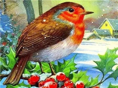 Алмазная мозаика со стразами Снегирь/Выкладка полная/Размер холста 30х40 см/Размер картинки 25х35