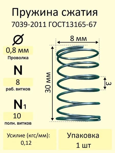 Пружины сжатия. d-0,8 мм; D-8 мм; L-30 мм. 1 шт. в упаковке. 7039-2011 ГОСТ13165-67