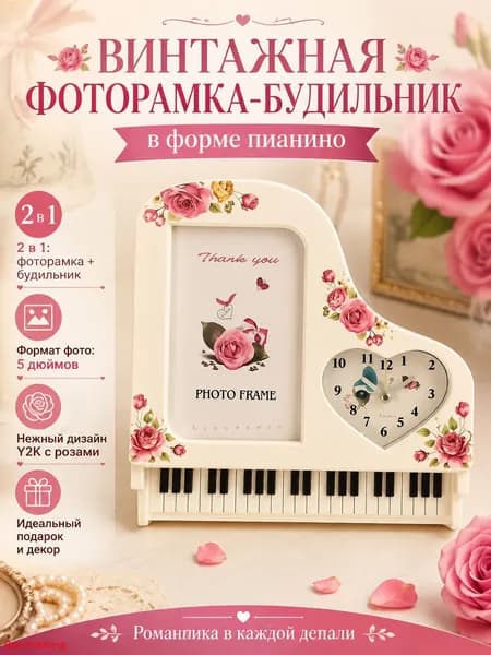 Ретро фоторамка с часами для фото и карточек 8x12 см, дизайн Пианино, подарочная упаковка