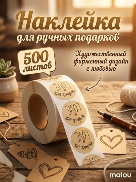 Наклейки бумажные "ручная работа" крафт - 500 шт, 2см; Стикеры для упаковки
