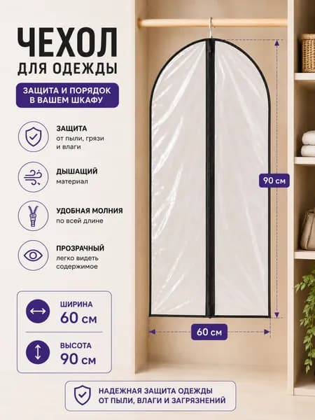 Чехол для одежды прозрачный 6090 см на молнии Селфи, ПВХ