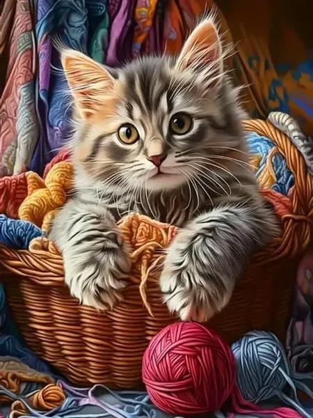 Алмазная мозаика Кот в корзине, 20x30 см, Round