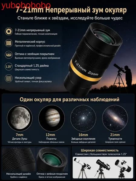 Окуляр 7-21мм зум 1.25" для телескопа, FMC, металлический корпус