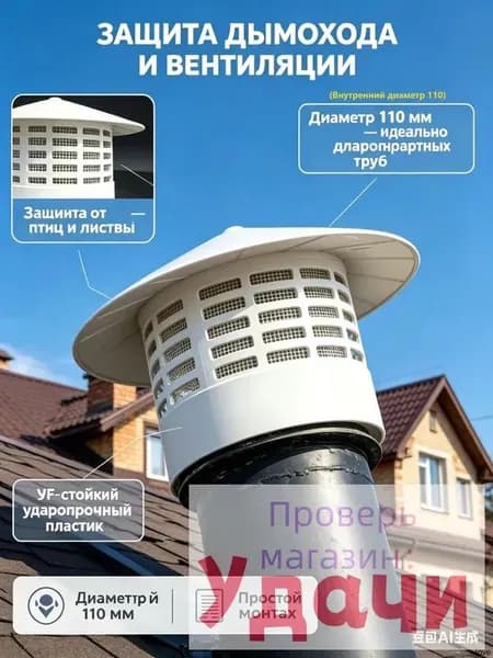 Колпак на дымоход и вентиляцию 110 мм, зонт на трубу вытяжки пластиковый - оголовок для канализации и кровли, дефлектор ударопрочный белый.
