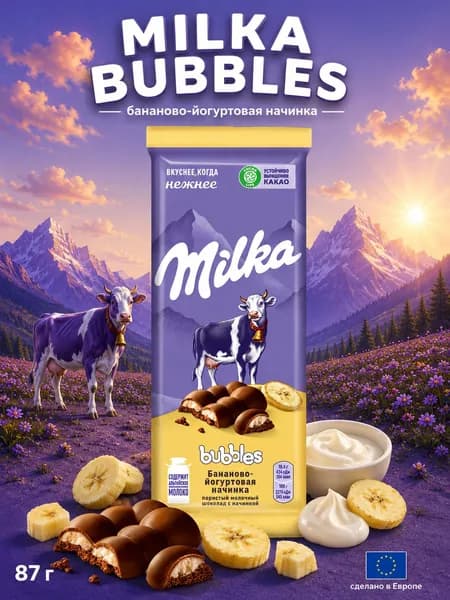Milka, Шоколад Бананово-Йогуртовая начинка Bubbles, 87 г