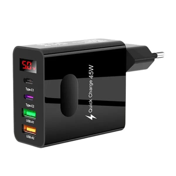 Зарядное устройство для смартфонов с четырьмя портами, 45 Вт, 2 USB и 2 Type-C, цифровой дисплей, евростандарт, чёрное