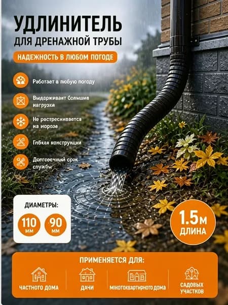 Профессиональный удлинитель водостока 90/110 мм: армированная дренажная труба 1.5 м с поворотным адаптером