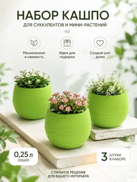 Вазон 0.25 л, 7 см, 3 шт, цвет зеленый
