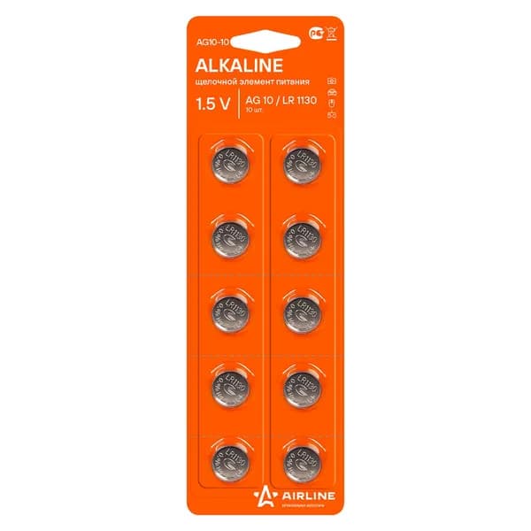 Батарейка Ag10/Lr1130 Щелочная 10 Шт. (Ag10-10) (AIRLINE AG10-10)