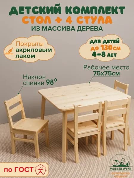 Детский стол 75х75см и стул 4шт деревянный комплект лак
