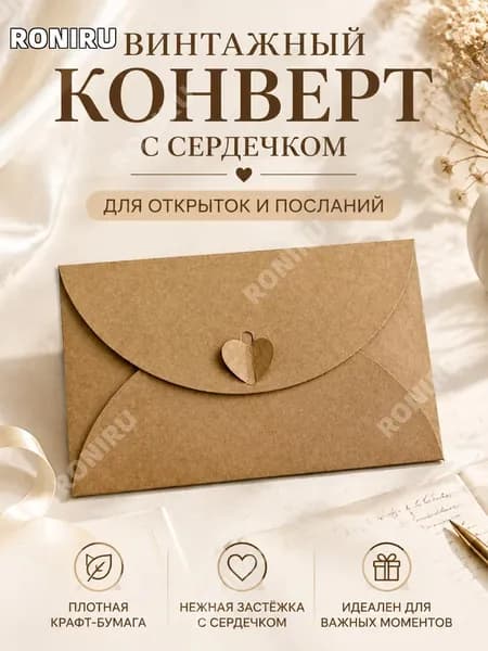 Конверт из крафт-бумаги с сердцем, большой,17,4 х11 см, винтажный стиль для открыток и писем