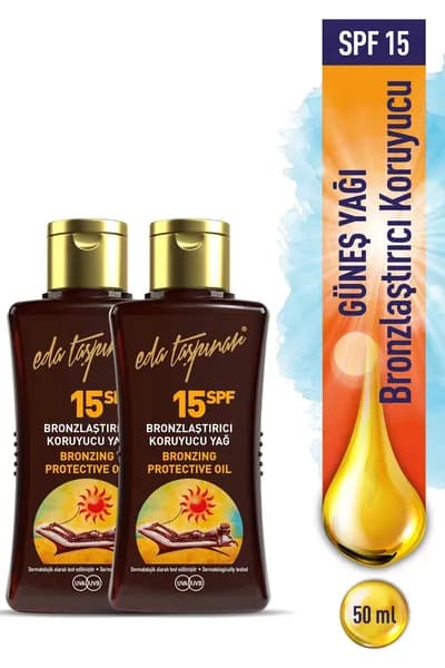 EDA Масло для загара и защиты SPF 15, мини-формат 50 мл х 2 шт. Идеальный бронзовый оттенок, средняя степень защиты для пшеничной кожи, антивозрастной эффект с аргановым маслом и витаминами.