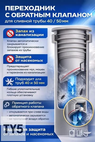 Обратный клапан для канализации 40,50 мм под раковину, переходник для сифона и гофры, антизапах, защита от насекомых