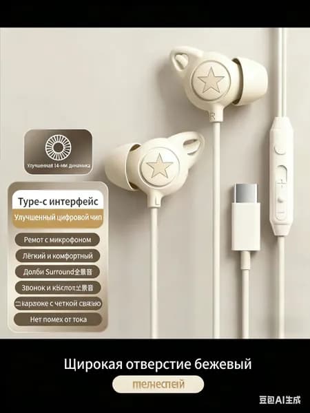 Наушники проводные с микрофоном, USB Type-C, слоновая кость