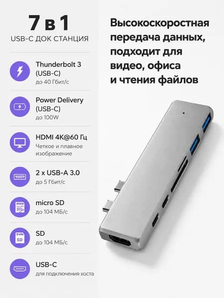 USB-хаб 7 в 1 для MacBook с Type-C и HDMI