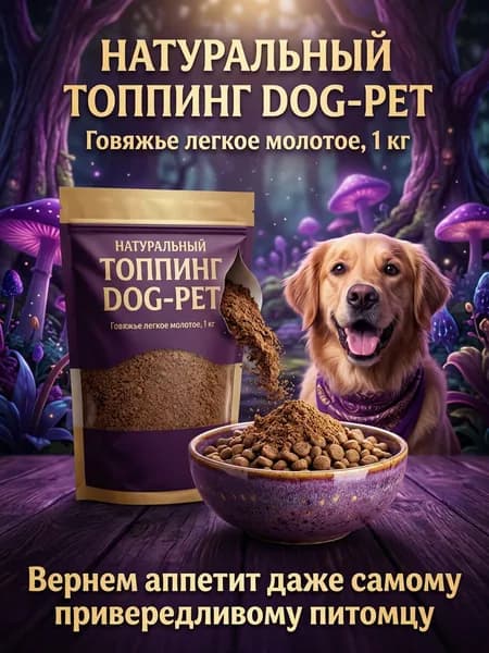 Лакомство для собак Dog-Pet легкое говяжье молотое 1 кг / Натуральная мясная посыпка в корм для мелких, средних и крупных пород / Добавка для аппетита и чувствительного пищеварения