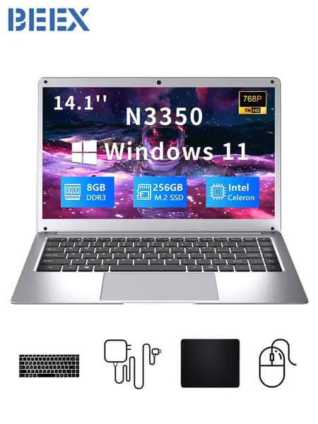 BEEX Ноутбук 14.1", Intel Celeron N3350, RAM 8 ГБ, SSD 256 ГБ, Intel UHD Graphics 600, Windows Pro, серебристый, Английская раскладка