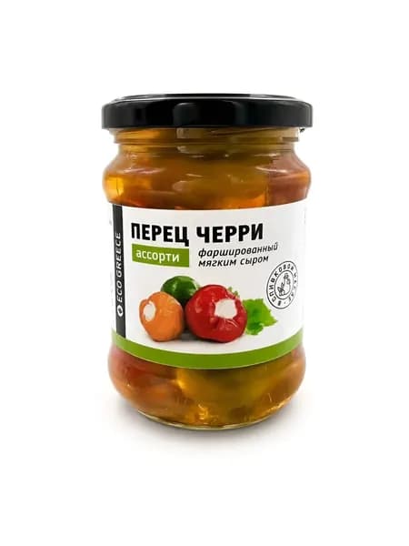 Перец черри ассорти, фаршированный мягким сливочным сыром, в оливковом масле EcoGreece, ст.банка, 250г