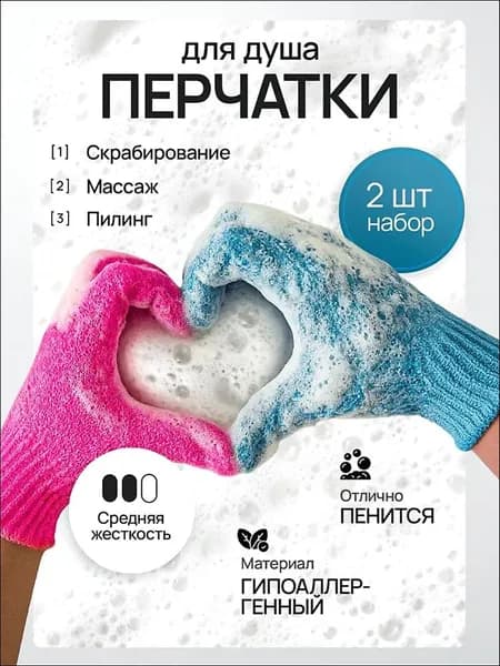 Перчатка-мочалка для душа и тела, мягкий пилинг 2шт