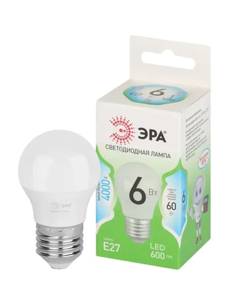 Лампочка светодиодная ЭРА GREEN LINE Б0067067 LED P45-6W-840-E27 GL E27 6 Вт шар яркий белый свет