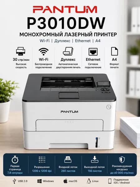 Pantum МФУ Лазерное Лазерный принтер Pantum P3010DW, монохромный, Wi-Fi, Ethernet, автоматическая двусторонняя печать, A4, черный