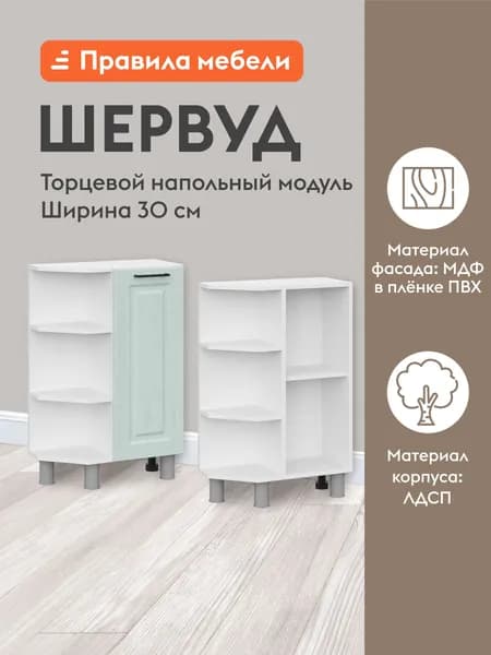 Кухонный модуль напольный, стол торцевой Шервуд с полками, с доводчиками, 30х54х82.4 см, Белый / Деним голубой