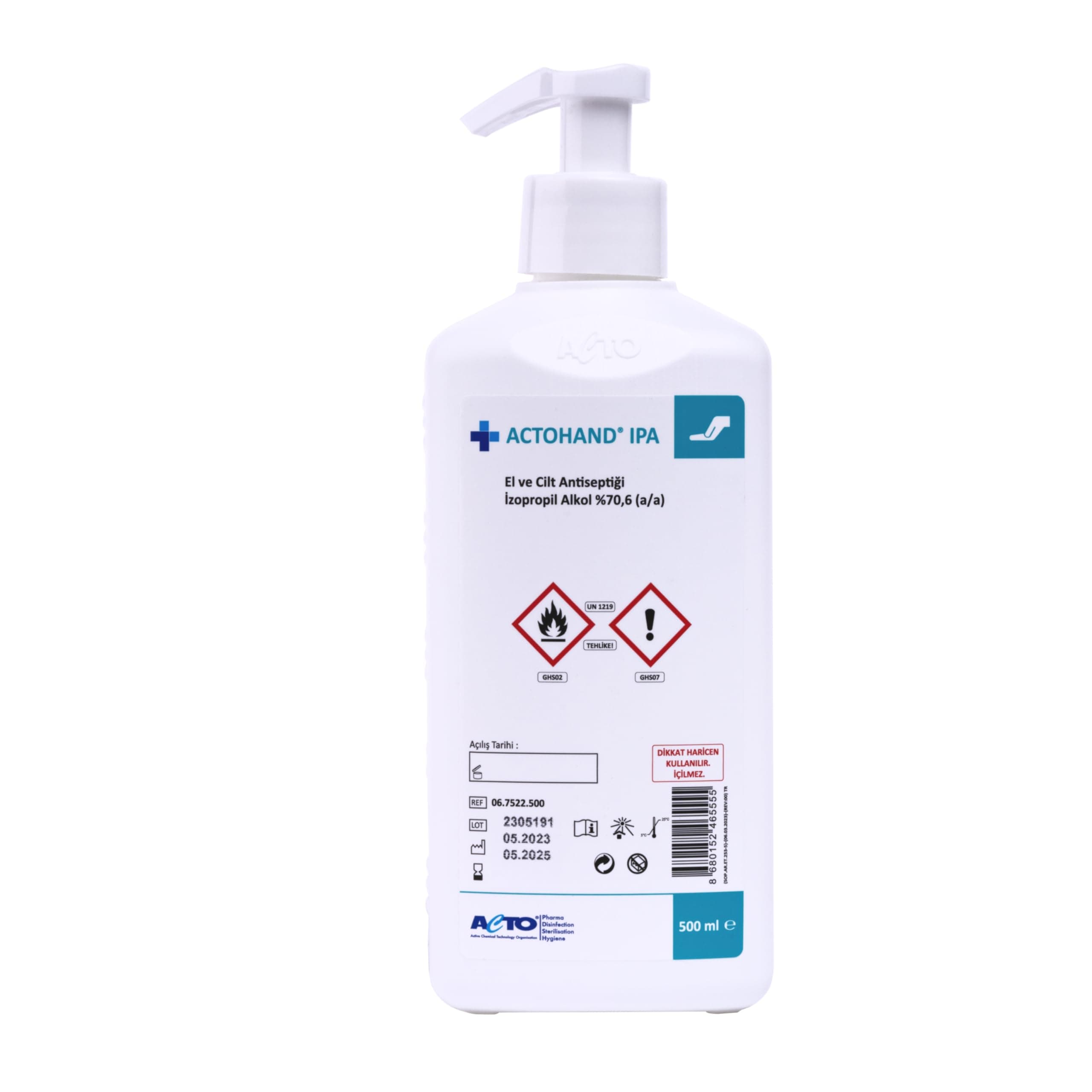 ACTOHAND IPA 500 мл Антисептик для рук и кожи Быстродействующее дезинфицирующее средство с 75% изопропиловым спиртом Эффективная защита от вредных микроорганизмов Безопасная для кожи, быстросохнущая