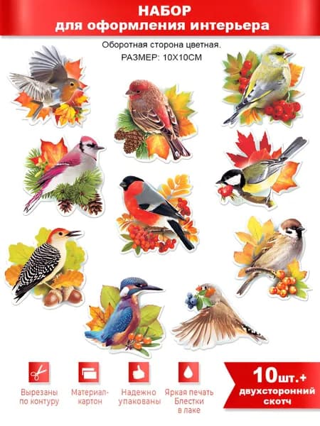 ФДА.card Плакат "Птицы", украшение класса и группы в детском саду на праздник осени, 10 шт", 10 см х 10 см