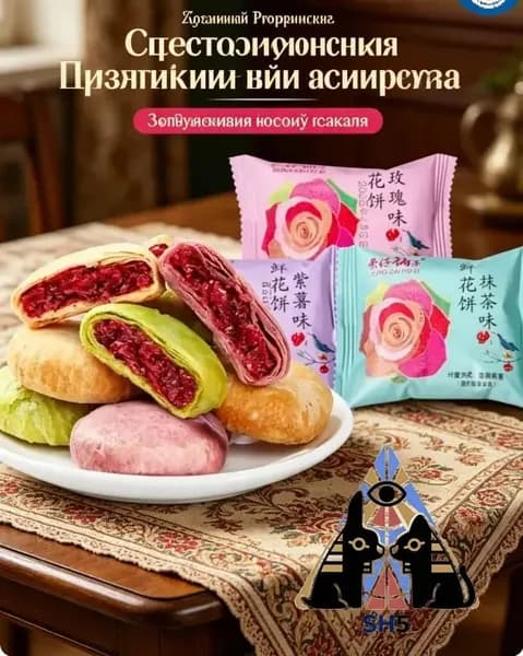 Многослойные пирожные с розовой начинкой, цветочные печенья с вкусом розы, матча и фиолетового картофеля, традиционные китайские сладости для перекуса, 4 штук