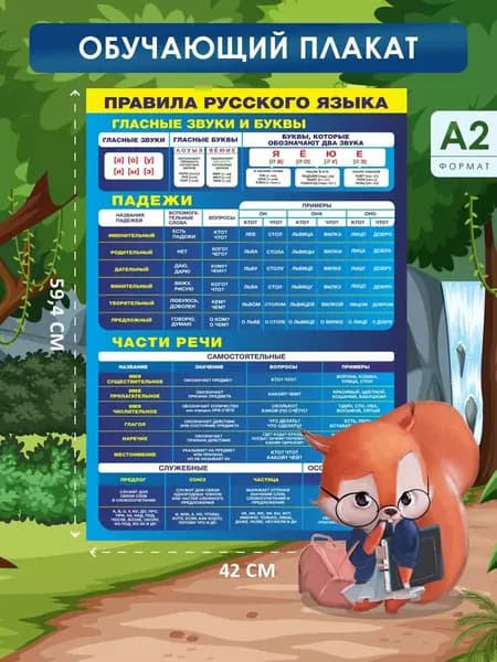 Обучающий постер-плакат для начальной школы и детского сада "Гласные звуки и буквы, Падежи, Части речи", Русский язык