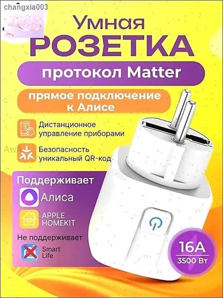 Умная розетка Matter Smart Plug для умного дома, совместимая с Алиса и Google Home, управление голосом и таймером, работает без интернета, простая настройка через одно приложение