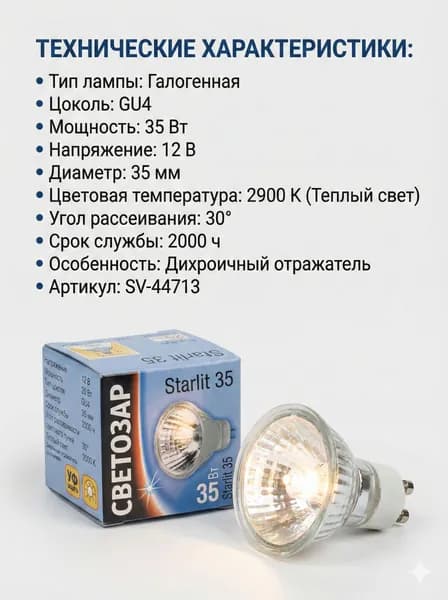 Светозар Лампочка, Цоколь:GU4, 35 Вт, Галогенная