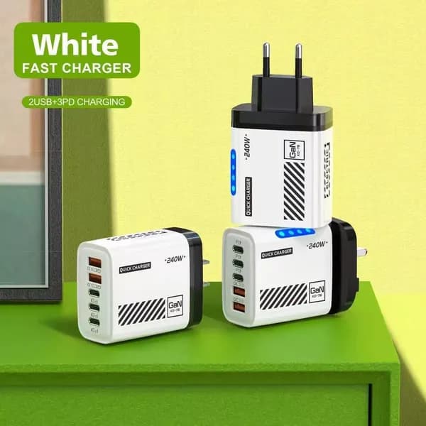 240 Вт GaN-зарядное устройство с 5 портами (2 USB-A + 3 USB-C), белое с узором, европейская вилка
