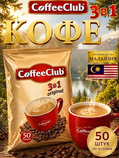 Растворимый кофейный напиток 3 в 1 "CoffeeClub", 50 пакетиков по 18 гр
