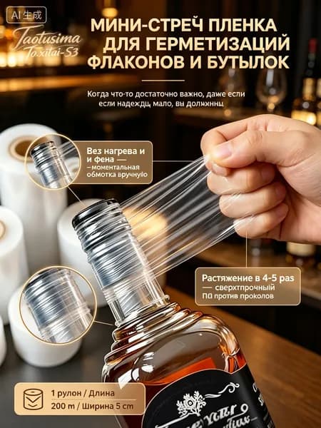 Пленка пищевая, 5 см х 200 м - защитная самоклеящаяся лента для обмотки крышек бутылок от протекания при транспортировке