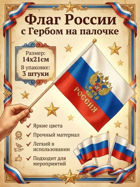 Флаг России с гербом на палочке, 14х21см/ 3 штуки