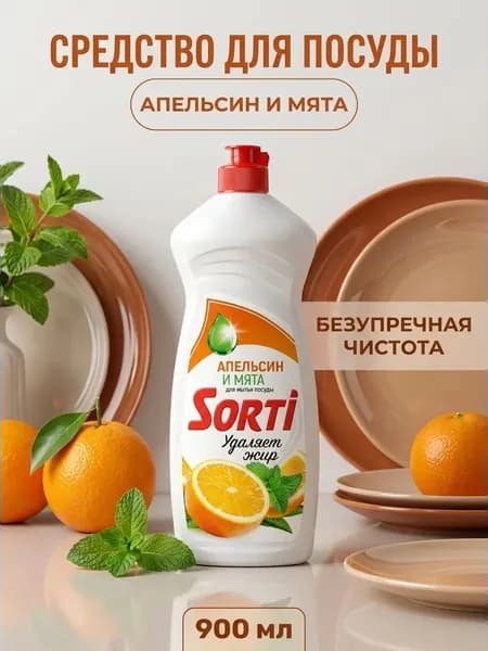 Средство для мытья посуды Апельсин и мята Sorti эффективно удаляет жир без вреда для кожи 900 мл