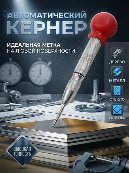 Кернер автоматический с защитной крышкой, пружинный, для разметки металла, дерева, пластика и стекла. Рукоятка из стали с полипропиленовым шаром, стержень из хром-ванадиевой стали 130 мм. (1 шт.)1