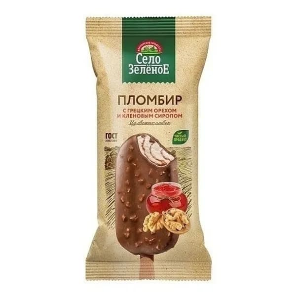 Мороженое пломбир Село Зеленое грецкий орех и кленовый сироп 15% БЗМЖ 80 г