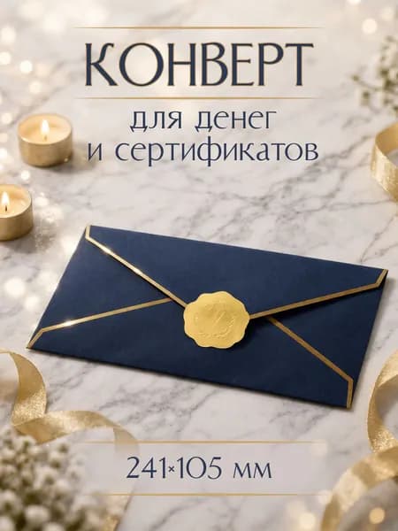 Конверт для денег и сертификатов 241*105 мм с печатью, подарочный для приглашений и поздравлений темно-синий