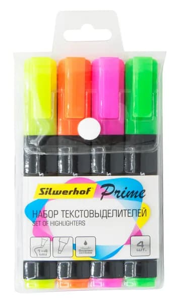 Набор текстовыделителей Silwerhof Prime скошенный наконечник 1-4мм 4 цвета ассорти пакет с европод