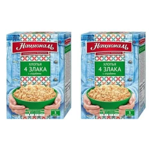 Националь Хлопья 4 злака, с отрубями, 400 г, 2шт