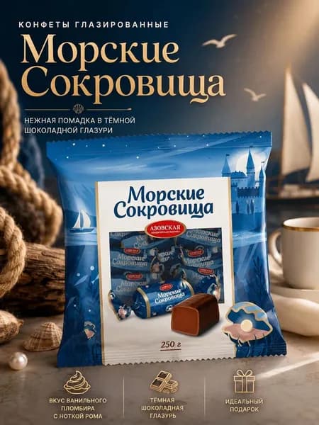 Конфеты помадные глазированные Азовская кондитерская фабрика "Морские Сокровища" со вкусом Ванильного Пломбира и Рома, безалкогольные, 250г.