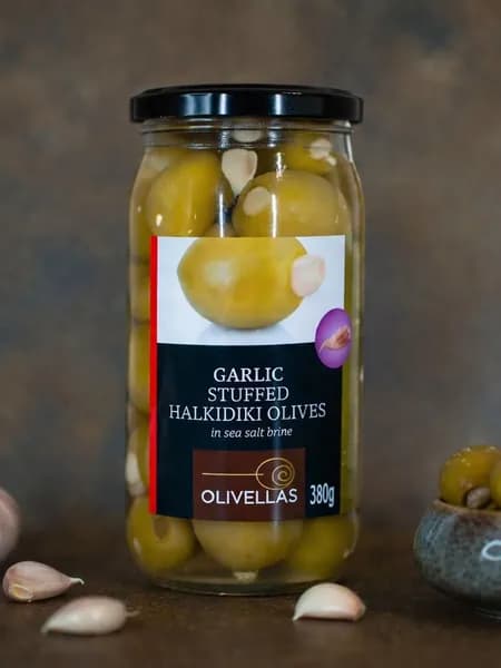 Оливки Греческие фаршированные чесноком OLIVELLAS, 370 мл