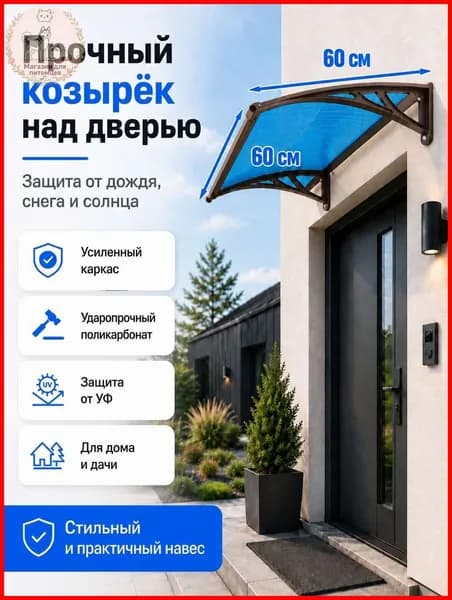 Навес-козырек над крыльцом усиленный, вынос 60 см, ширина 160/180/200/240/300 см, пластиковый, защита от осадков и снега